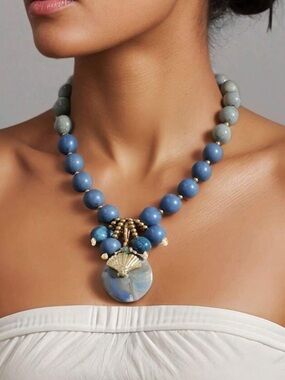 New! Coastal Blue Shell Beaded Statement Necklace NWOT